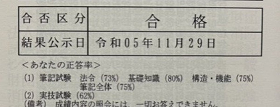 Ｎさんの合格通知（氏名・受験番号は非表示）